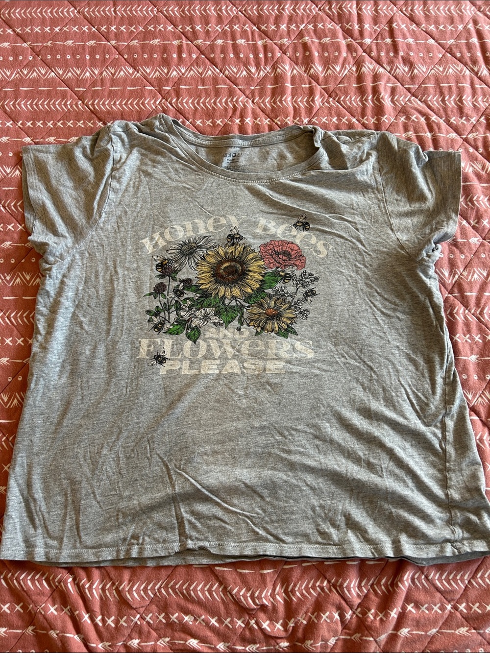 Source Unknown Gray Floral Graphic Tee with Sunflower Print